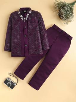 BT DEZINES - Wine Satin Sherwani and Pant with Waistcoat and Necklace