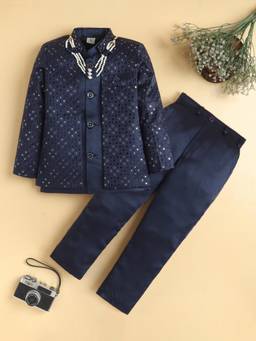 BT DEZINES - Navy Satin Sherwani and Pant with Waistcoat and Necklace