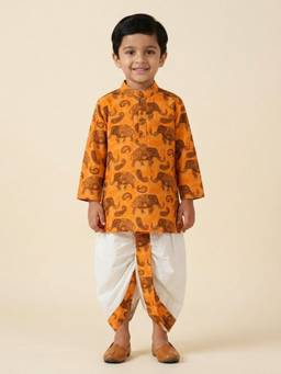 Desi Soota - Orange Cotton Elephant Kurta with Dhoti