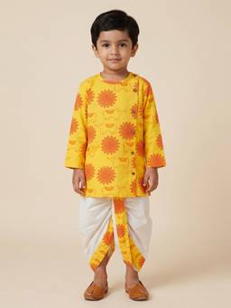 Desi Soota - Yellow Cotton Elephant Mandala Kurta with Dhoti