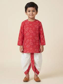 Desi Soota - Red Cotton Bengali Paisley Kurta with Dhoti