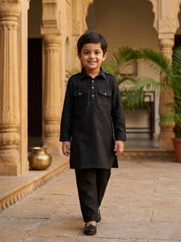 Desi Soota - Black Cotton Pathani Kurta Pyjama