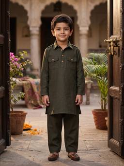 Desi Soota - Olive Cotton Pathani Kurta Pyjama