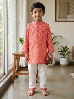 Desi Soota - Coral Cotton Batik Tiles Kurta with Pyjama