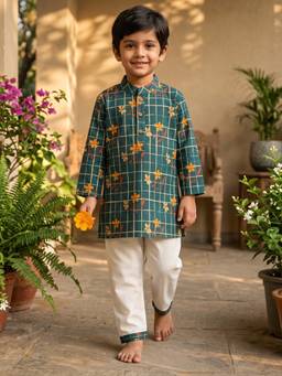 Desi Soota - Teal Cotton Floral Leaves Kurta with Pyjama