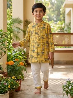 Desi Soota - Mustard Cotton Flower Doodle Kurta with Pyjama