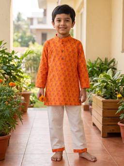 Desi Soota - Orange Cotton Peacock Feather Kurta with Pyjama