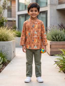 Desi Soota - Brown Cotton Floral Bird Kurta