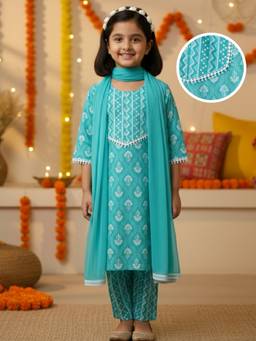Desi Soota - Blue Cotton Floral Print Kurta with Pant & Dupatta