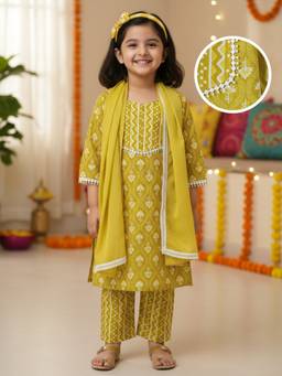 Desi Soota - Mustard Cotton Floral Print Kurta with Pant & Dupatta