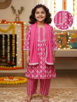 Desi Soota - Pink Cotton Floral Print Kurta with Pant & Dupatta