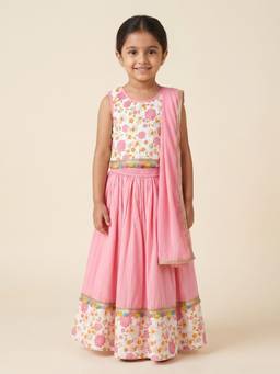 Desi Soota - Pink Cotton Foil Printed Lehenga with Choli and Dupatta