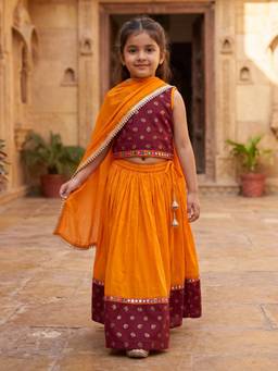 Desi Soota - Red Yellow Cotton Foil Printed Lehenga with Choli and Dupatta