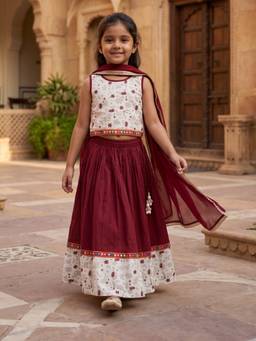 Desi Soota - Maroon White Cotton Foil Printed Lehenga with Choli and Dupatta