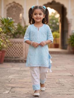 Desi Soota - Blue Cotton Embroidered Kurta with Pant