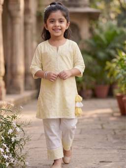 Desi Soota - Yellow Cotton Embroidered Kurta with Pant