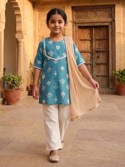 Desi Soota - Teal Cotton Floral Motif Kurta with Pant & Dupatta