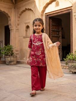 Desi Soota - Red Cotton Floral Kurta with Pant & Dupatta
