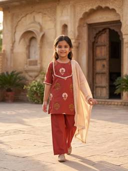 Desi Soota - Red Cotton Floral Block Print Kurta with Pant & Dupatta