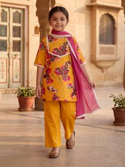 Desi Soota - Mustard Cotton Watercolor Floral Print Kurta with Pant & Dupatta