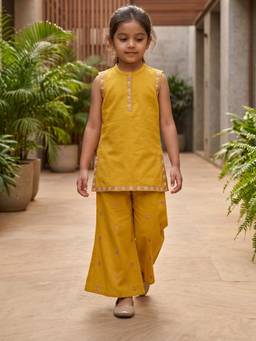Desi Soota - Mustard Cotton Embroidered Kurta with Palazzo