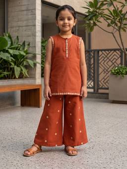 Desi Soota - Maroon Cotton Embroidered Kurta with Palazzo