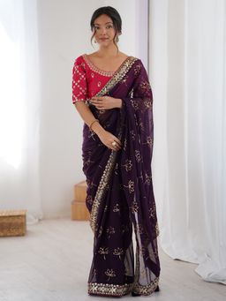 Akhilam - Womens Georgette Burgundy Embellished Designer Saree with Unstitched Blouse