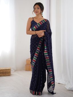 Akhilam - Womens Georgette Navy Blue Embellished Designer Saree with Unstitched Blouse