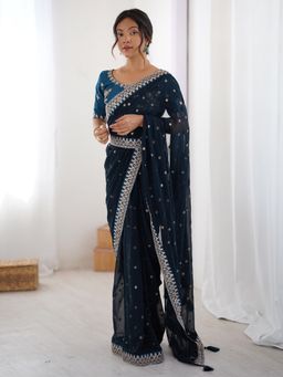 Akhilam - Womens Georgette Teal Blue Embellished Belt Saree with Unstitched Blouse