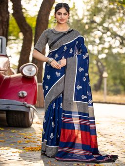 Akhilam - Womens Bhagalpuri Silk Blue Printed Designer Saree with Unstitched Blouse