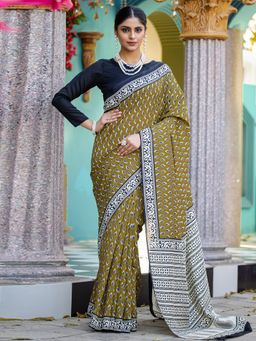 Akhilam - Womens Bhagalpuri Silk Olive Printed Designer Saree with Unstitched Blouse