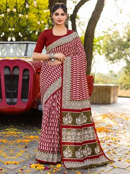 Akhilam - Womens Bhagalpuri Silk Maroon Printed Designer Saree with Unstitched Blouse
