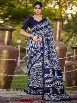 Akhilam - Womens Bhagalpuri Silk Navy Blue Printed Designer Saree with Unstitched Blouse