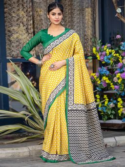 Akhilam - Womens Bhagalpuri Silk Yellow Printed Designer Saree with Unstitched Blouse