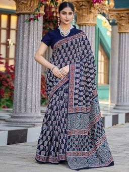 Akhilam - Womens Bhagalpuri Silk Navy Blue Printed Designer Saree with Unstitched Blouse