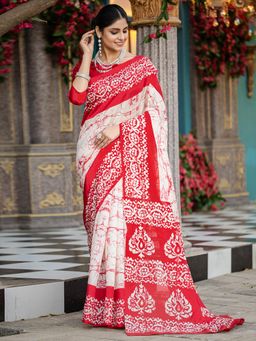 Akhilam - Womens Bhagalpuri Silk Off White Printed Designer Saree with Unstitched Blouse