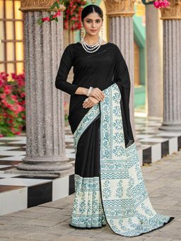 Akhilam - Womens Bhagalpuri Silk Black Printed Designer Saree with Unstitched Blouse