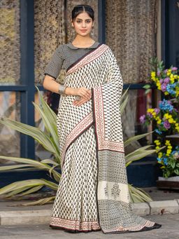 Akhilam - Womens Bhagalpuri Silk Off White Printed Designer Saree with Unstitched Blouse