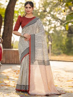 Akhilam - Womens Bhagalpuri Silk Off White Printed Designer Saree with Unstitched Blouse