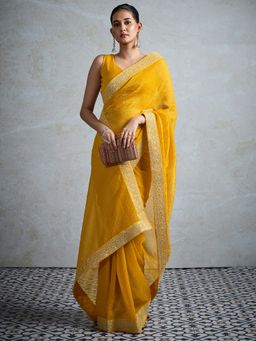 Akhilam - Womens Organza Yellow Embellished Designer Saree with Unstitched Blouse