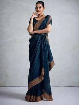 Akhilam - Womens Organza Teal Blue Embellished Designer Saree with Unstitched Blouse