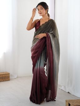 Akhilam - Womens Satin Silk Grey Designer Saree with Unstitched Blouse