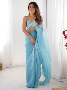Akhilam - Womens Chiffon Light Blue Designer Saree with Unstitched Blouse