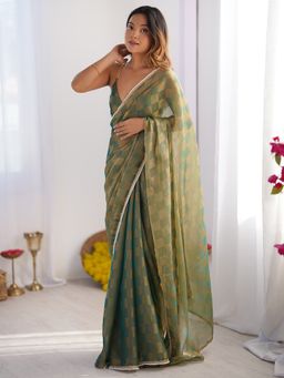 Akhilam - Womens Chiffon Green Designer Saree with Unstitched Blouse