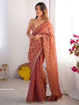 Akhilam - Womens Chiffon Rust Designer Saree with Unstitched Blouse