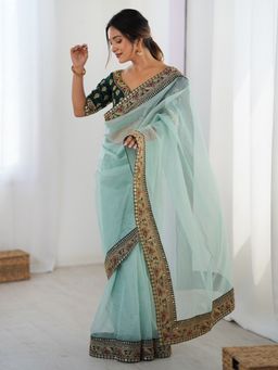 Akhilam - Womens Chiffon Sea Green Embellished Designer Saree with Unstitched Blouse