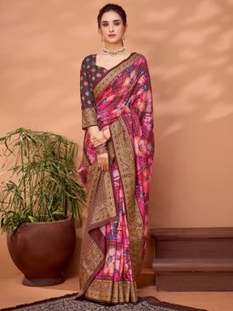 Akhilam - Womens Viscose Pink Printed Designer Saree with Unstitched Blouse