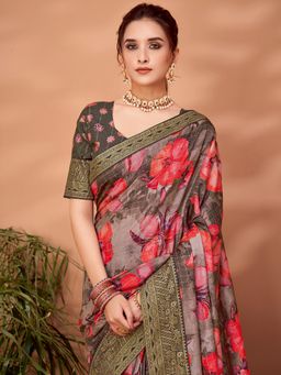 Akhilam - Womens Viscose Charcoal Grey Printed Designer Saree with Unstitched Blouse