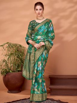 Akhilam - Womens Viscose Green Printed Designer Saree with Unstitched Blouse