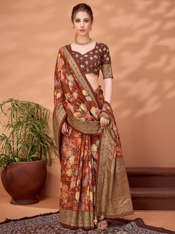 Akhilam - Womens Viscose Brown Printed Designer Saree with Unstitched Blouse